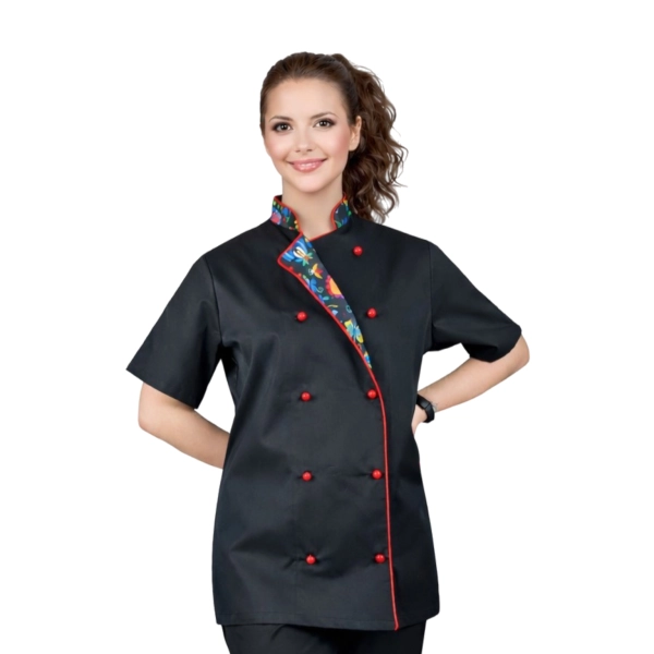 Bluza kucharska damska czarna rękaw krótki lamówka wzór W4 roz. XS – bluza kucharska – odzież gastronomiczna